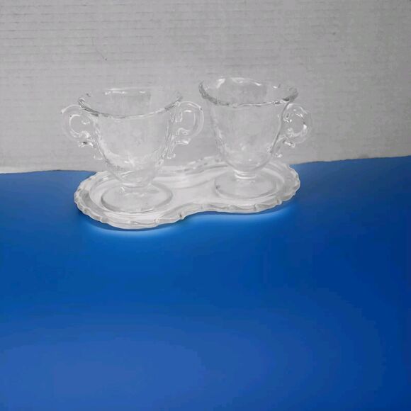 MCM Coffee Tea Service Floral Etched Glass Creamer Sugar Bowl And Tray - Picture 3 of 9